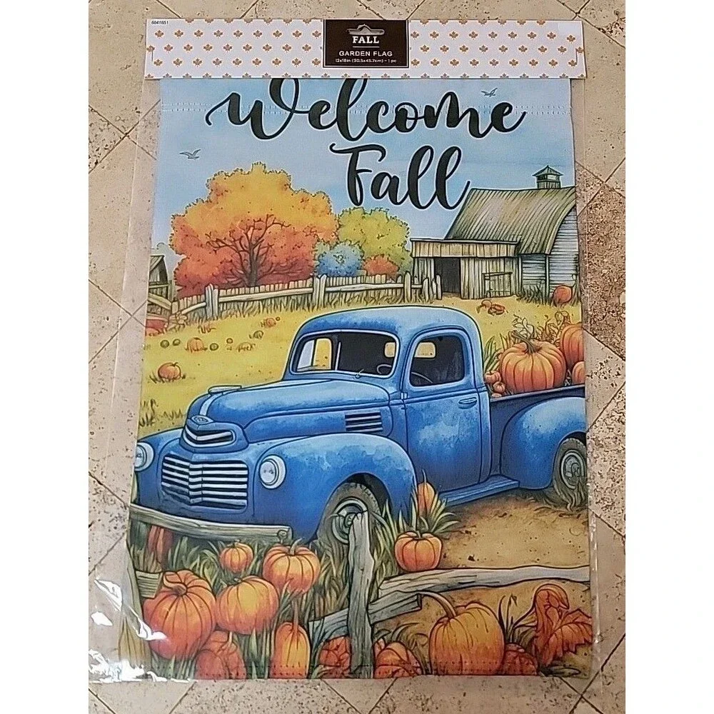 Welcome Fall Garden Flag Blue Vintage Truck Pumpkins Autumn Yard Decor Seasonal